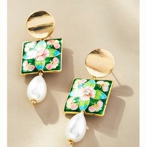 Anthropologie Square Floral Pearl Drop Earrings green gold
